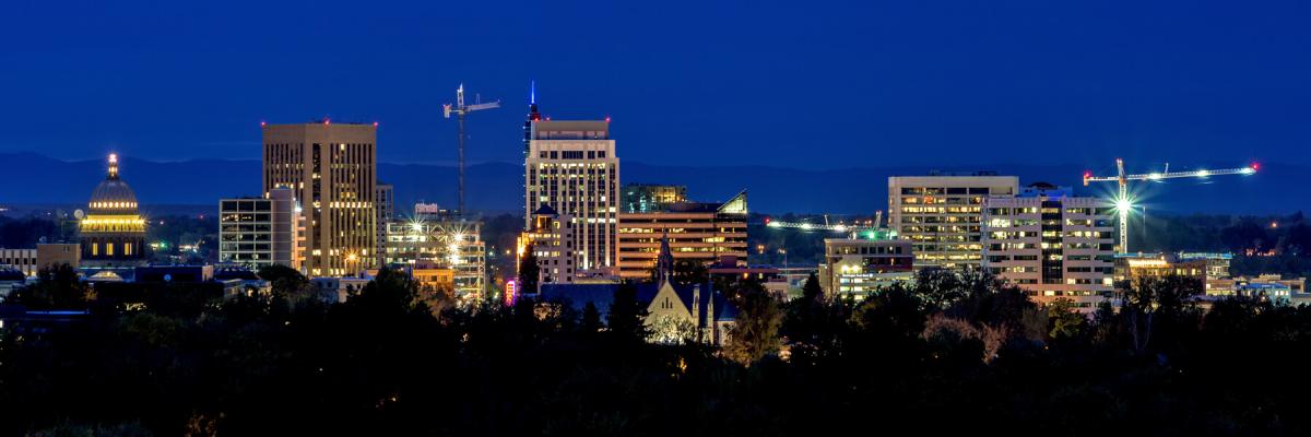 Construction cranes over Boise skyline at night